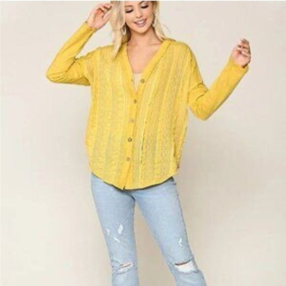 Gigio Yellow Button-Up Top M NWT Embroidered Mesh Boho Cottagecore Chic - Picture 1 of 12